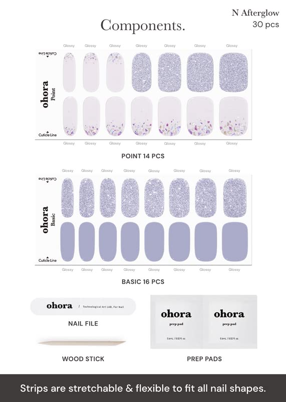 ohora Semi Cured Gel Nail Strips (N Afterglow) - Blue, Glitter, Works with Any UV/LED Lamps, Salon-Quality, Long Lasting, Easy to Apply & Remove - Includes 2 Prep Pads, Nail File & Wooden Stick