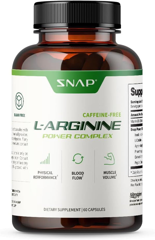 Snap L Arginine Capsules - Blood Circulation Supplements with Nitrosigine & L Citrulline for Natural Energy, Increase Blood Flow & Muscle Growth, Herbs for Cardio Health (60 Capsules)
