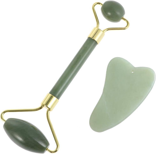 Gua Sha Facial Tools Guasha Tool Gua Sha Jade Stone for Face Skincare Facial Body Acupuncture Relieve Muscle Tensions Reduce Puffiness Festive Gifts (Green-Set)