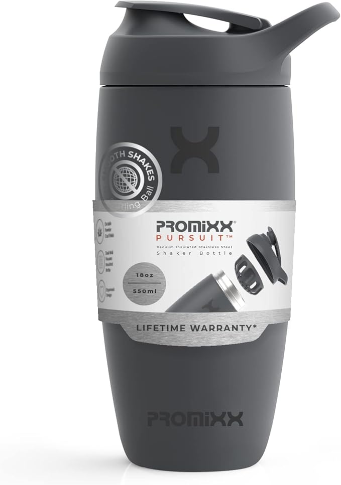 Promixx Pursuit Shaker Bottle Insulated Stainless Steel Water Bottle and Blender Cup, 18oz, Graphite Gray