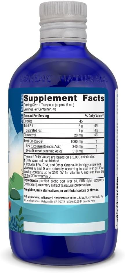 Nordic Naturals Arctic Cod Liver Oil, Unflavored - 8 oz - 1060 mg Total Omega-3s with EPA & DHA - Heart & Brain Health, Healthy Immunity, Overall Wellness - Non-GMO - 48 Servings