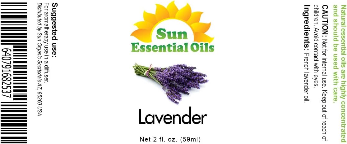 Sun Essential Oil - Lavender Essential Oil 2 oz (59 ml) for Diffuser, Humidifier, Skin, Aromatherapy Massage, Scented for Soap & Candle Making at Home, Calming Aroma for Sleep