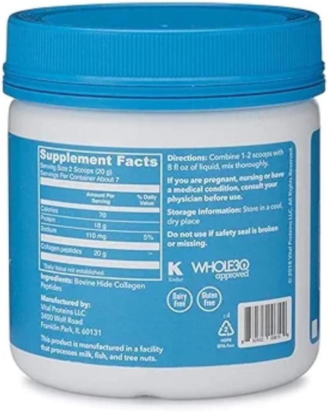 Vital Proteins Grass Fed Collagen Peptides Powder Supplement (Type I, III) for Skin Hair Nail Joint - Hydrolyzed Collagen - Dairy and Gluten Free - 20g per Serving - Unflavored 5 oz Canister