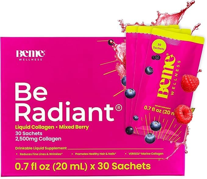 BeMe Liquid Collagen Drink, Be Radiant - Collagen Liquid for Women & Men - Drinkable Supplement with Collagen Peptides, Biotin, & Vitamin C Supports Hair, Nail, & Skin Health (30 Sachets, Mixed Berry)