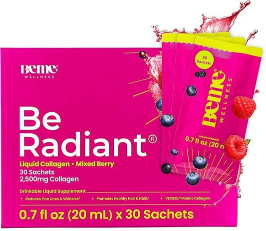 BeMe Liquid Collagen Drink, Be Radiant - Collagen Liquid for Women & Men - Drinkable Supplement with Collagen Peptides, Biotin, & Vitamin C Supports Hair, Nail, & Skin Health (30 Sachets, Mixed Berry)