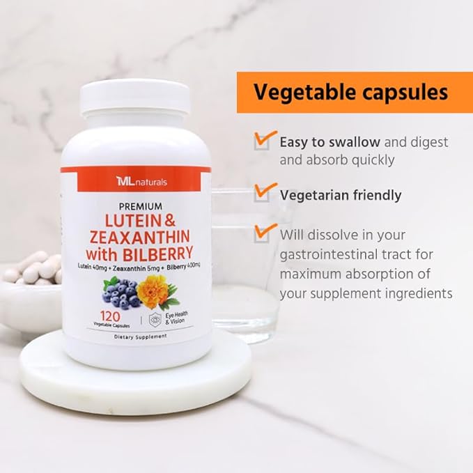 Premium Lutein & Zeaxanthin with Bilberry 120 Vegetable Capsules. Lutein 40 mg, Zeaxanthin 5 mg, and Bilberry 400 mg. All-Natural. High Potency & Premium Quality. Healthy Eyes & Vision.
