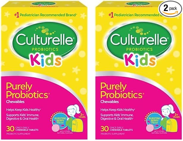Culturelle Kids Chewable Daily Probiotic for Kids, Ages 3+, No.1 Pediatrician-Recommended Brand, Natural Berry, Daily Probiotics for Digestive Health, Oral Care & Immune Support, 2 Month Supply