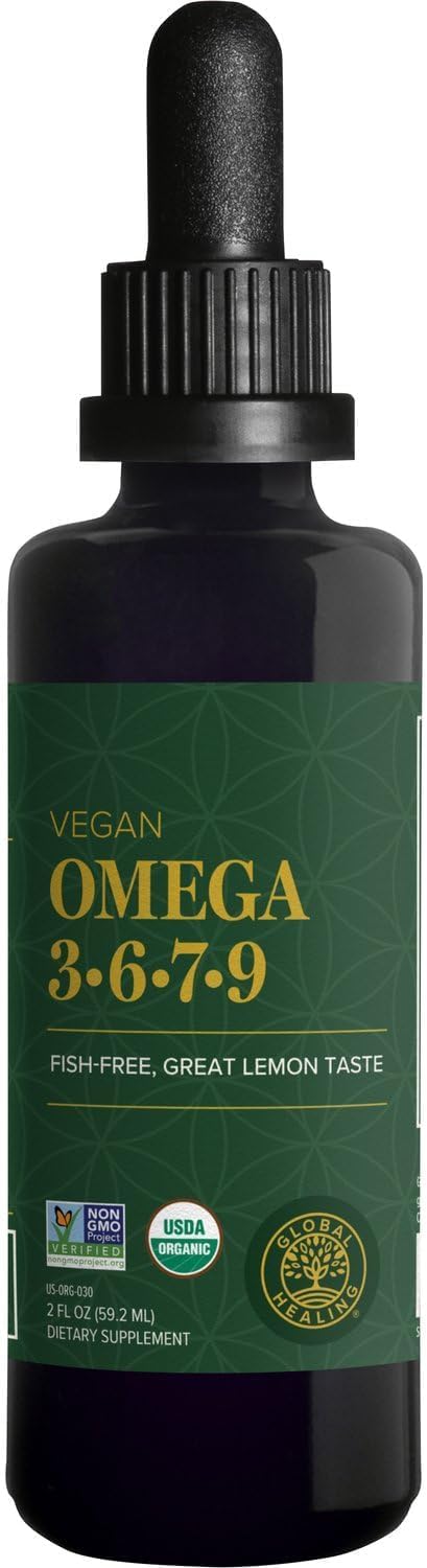 Global Healing Organic Omega 3 6 9 and 7 (Seaberry CO2 Extract) - Fish-Free, Non-GMO Omega 3 Supplement for Women & Men, Contains Perilla Seed & Flaxseed Oil - Omega 3 Fish Oil Alternative - 2 Fl Oz