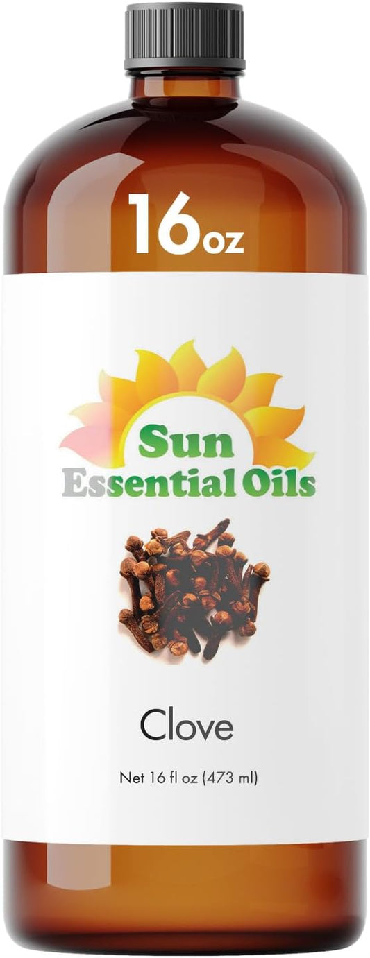 Sun Essential Oils – 16 oz Clove Essential Oil with Dropper for Diffuser, Skin, Aromatherapy Massage, Humidifier, Spicy Scent for Candle, Lotion & Soap Making, Room Fragrance