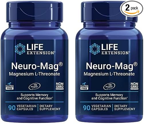 Life Extension Neuro-mag Magnesium L-threonate, Magnesium L-threonate, Brain Health, Memory & Attention, Gluten Free, Vegetarian, Non-GMO, 90 Vegetarian Capsules (Pack of 2)