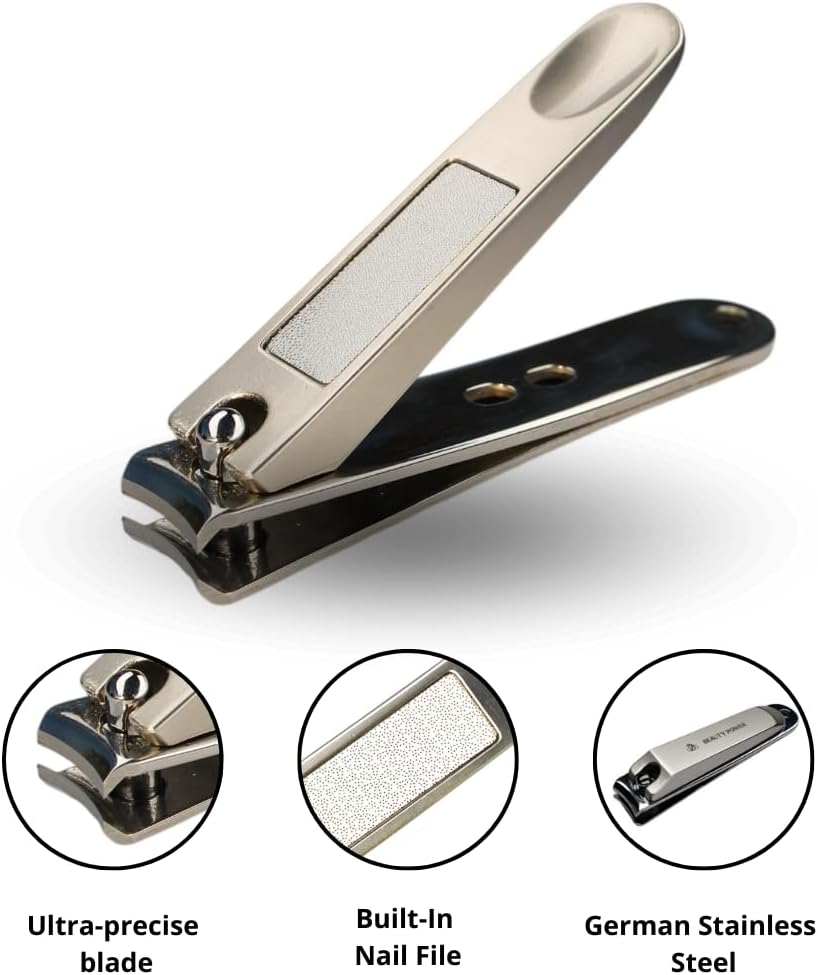 Manicure Pedicure Set 7-in-1 Stainless Steel, Ultra Sharp, Slanted Nail Clipper, Fingernail Clipper, Cuticle Nipper, Glass Nail File, Eyebrow Tweezers, Scissors, Case – Gift (Matte Gray)