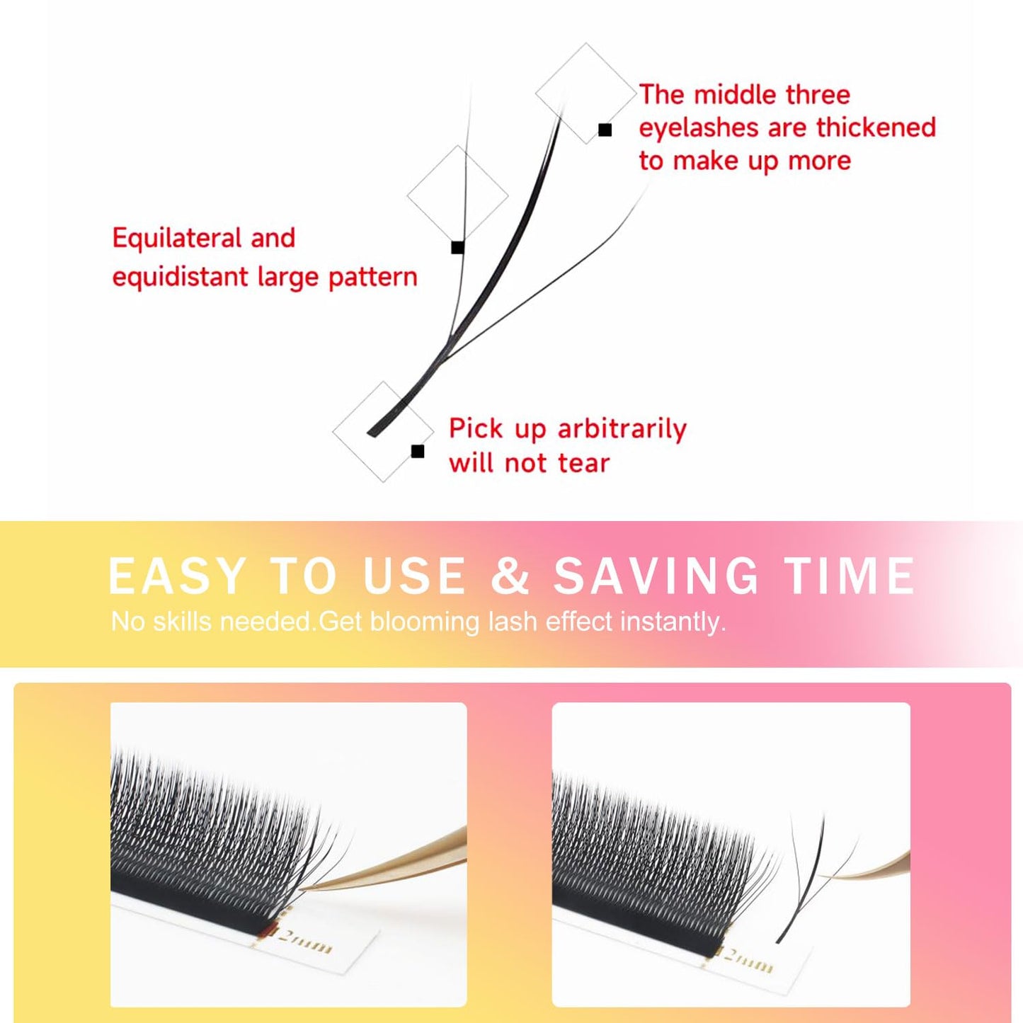 Lash Extensions Three Core Tips 3D Eyelash Extensions W Shape 0.07mm Thickness D Curl 12mm Premade Fans Easy Fan Volume Lashes Matte Black Crisscross(W-3D-Three Core-0.07-D,12mm)