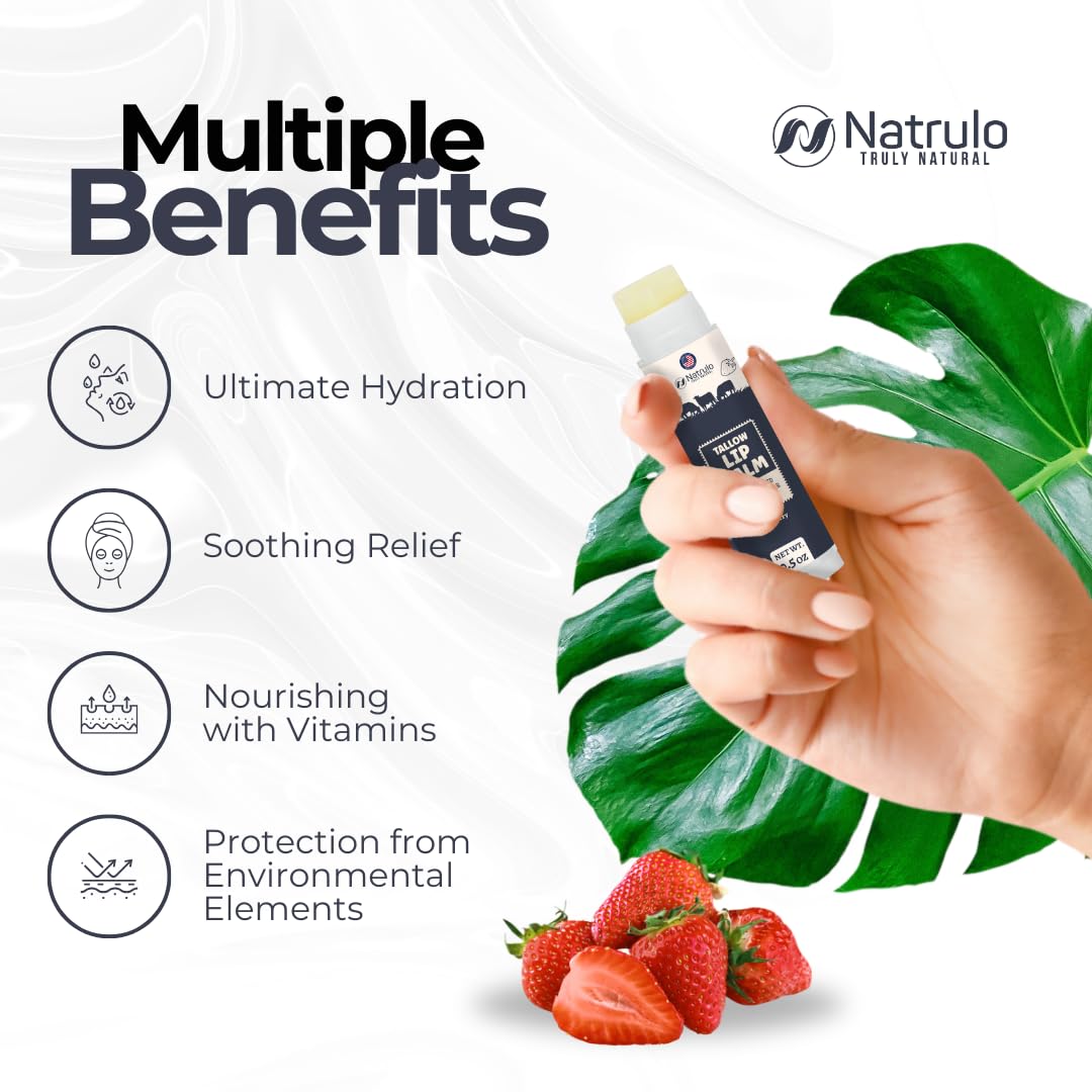 Beef Tallow Lip Balm – Natural Tallow Beeswax Chapstick – Hydrating Moisturizer Grass Fed Tallow Balm Care – Soothes Chapped Dry Lips Sensitive Skin – Long Lasting Vitamin Rich USA-Made, Strawberry