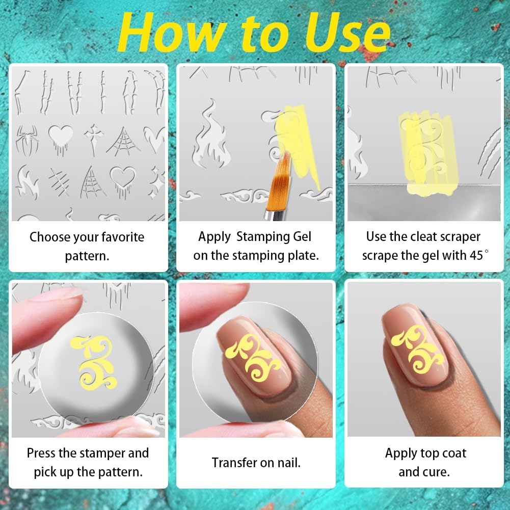 3Pcs Bone Skull Nail Stamping Plate Set Halloween Skeleton Gothic Nail Stamp Templates Cobweb Bat Thorns Metal Reusable Tools with Stamper Scraper for Manicure Printing