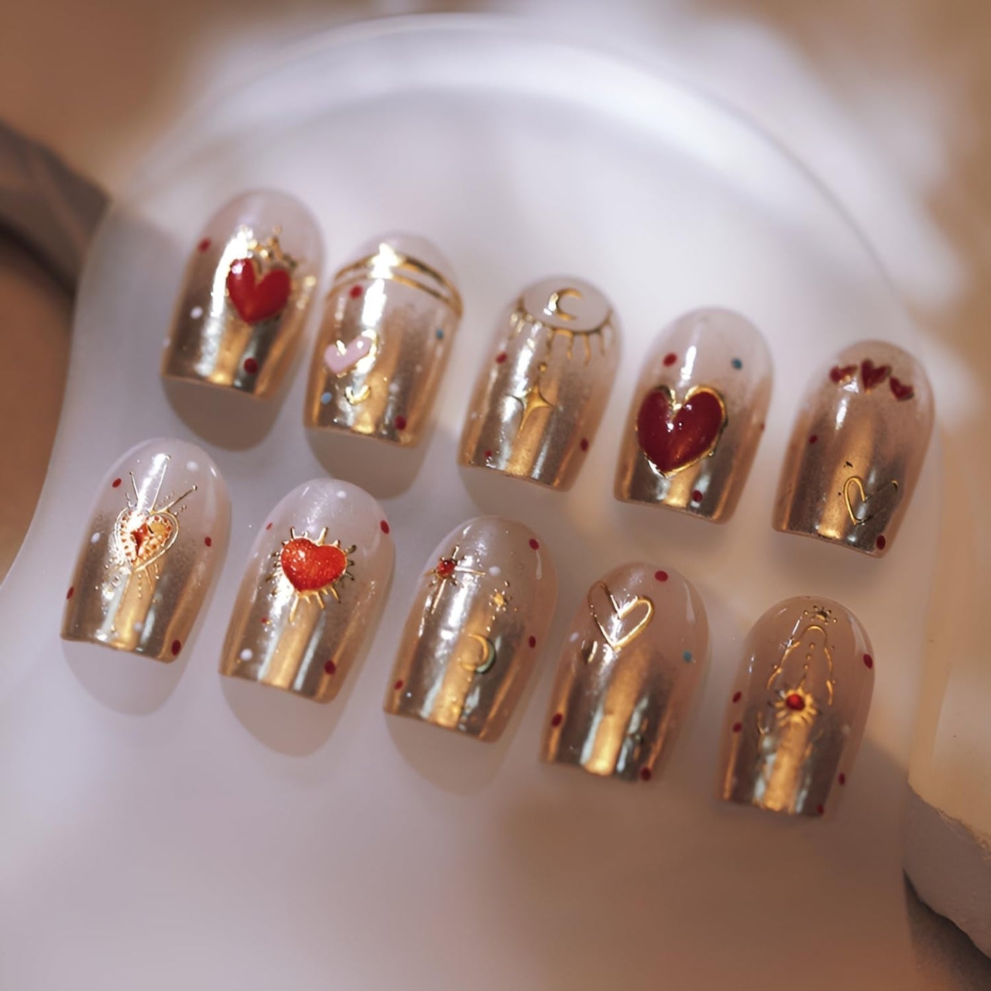 Red Valentine's Day Nail Stickers - 5D Embossed Heart Decals for Nail Art Design - Gold Heart Supplies for Women DIY Manicure Decoration