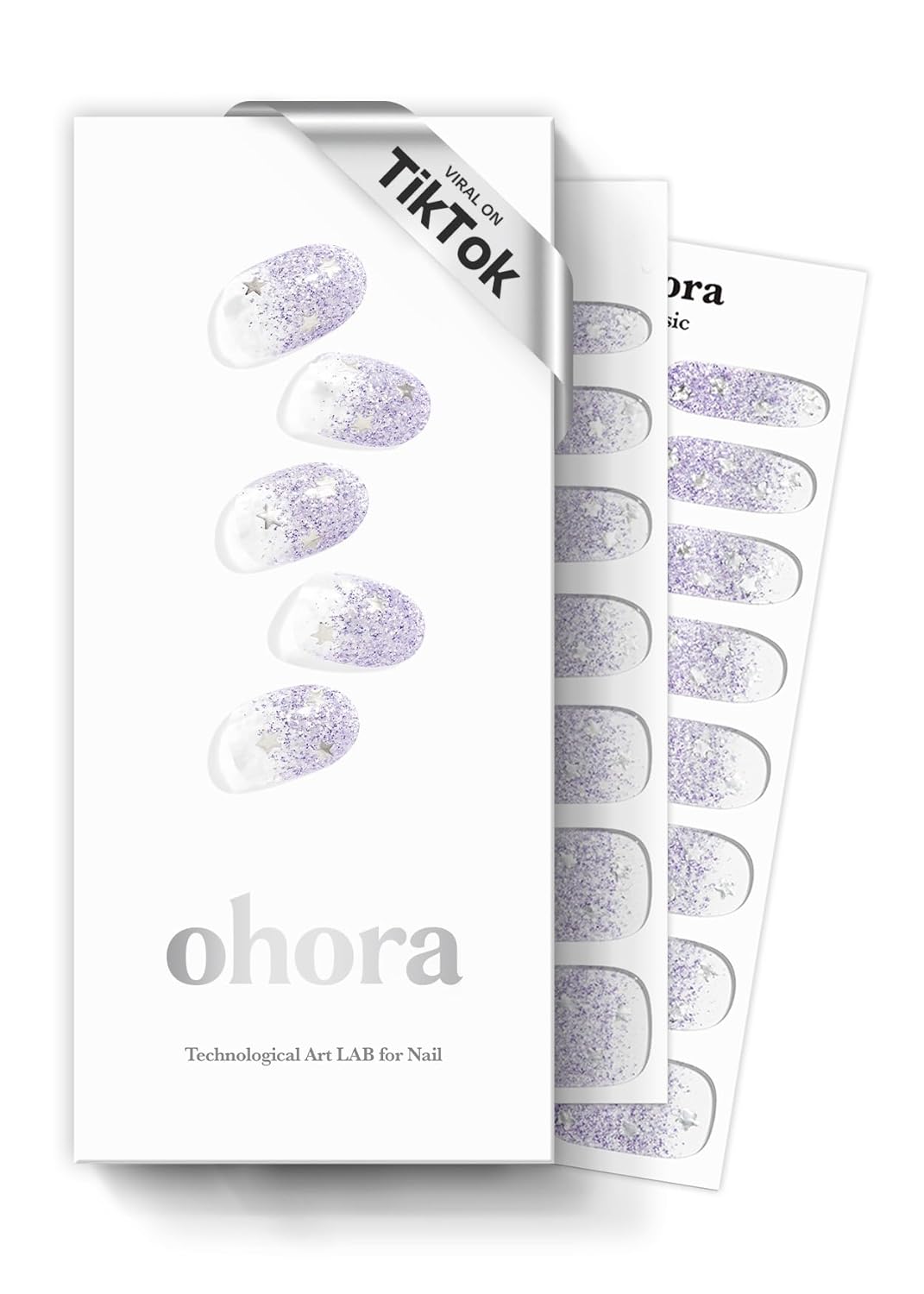 ohora Semi Cured Gel Nail Strips (N Shooting Star) - Purple, Glitter, Works with Any UV/LED Lamps, Salon-Quality, Long Lasting, Easy to Apply & Remove - Includes 2 Prep Pads, Nail File & Wooden Stick