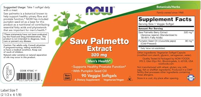 NOW Foods Supplements, Saw Palmetto Extract 320 mg with Pumpkin Seed Oil, Men's Health*, 90 Veg Softgels