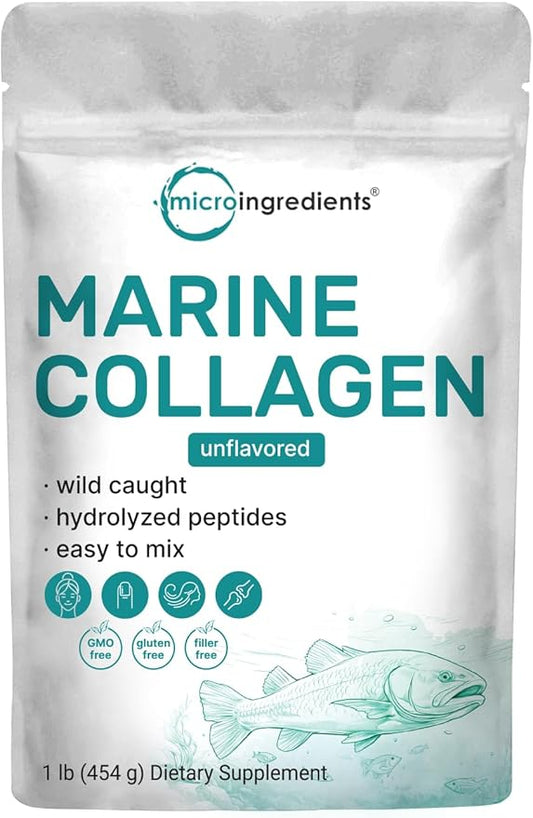 Micro Ingredients Marine Collagen Peptides, 1lb (37 Servings) | Wild Caught Fish Source | Hydrolyzed Peptides for High Absorption | Unflavored, Keto & Pescatarian Friendly | Easy to Mix, Non-GMO
