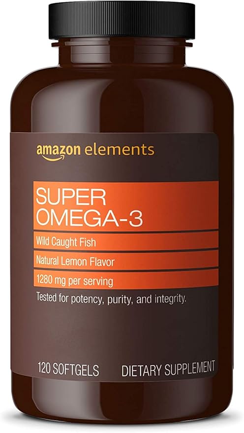 Amazon Elements Super Omega-3 with Natural Lemon Flavor, EPA & DHA Omega-3 fatty acids, 120 Count (1280 mg per serving, 2 Softgels) (Packaging may vary)
