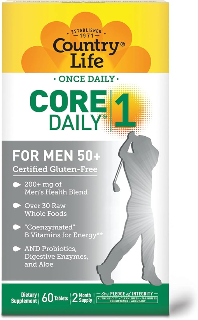 Country Life CORE Daily-1 Multivitamin for Men 50+ - Gluten-Free, Energy Support with Coenzymated B Vitamins, Probiotics, Whole Food and Digestive Enzymes, Certified Gluten Free, 60 Tablets