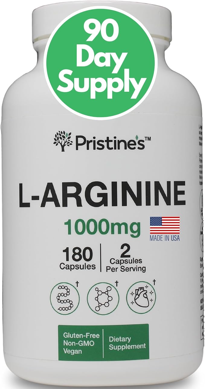 PRISTINE'S L Arginine Supplements for Men & Women - 1000mg Capsules 90 Day Supply Blood Flow & Pre Workout Amino Acid Support