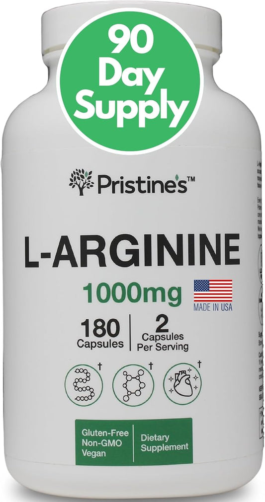 PRISTINE'S L Arginine Supplements for Men & Women - 1000mg Capsules 90 Day Supply Blood Flow & Pre Workout Amino Acid Support