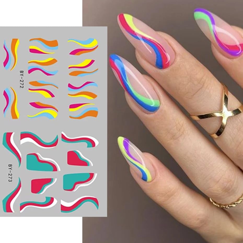 12 Sheets Colorful Stripes Nail Art Stickers Geometric Rainbow Wave Design Water Transfer Nail Decals for Nails Art Abstract French Pattern Acrylic Slider Nail Foils for Women Manicure Nail Decor