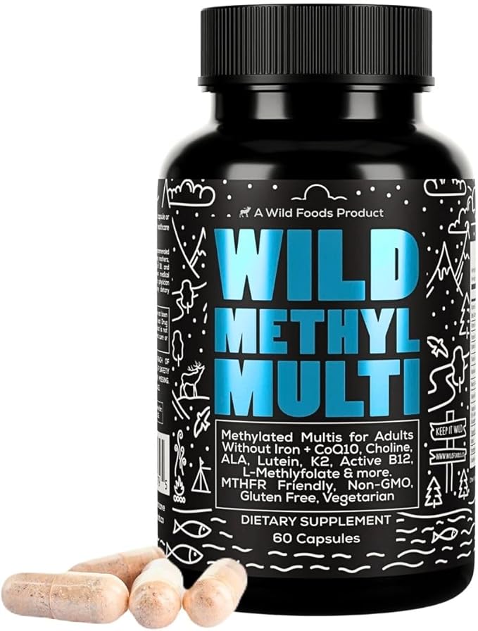 Wild Methylated Multivitamin for Women & Men | Daily Multi Vitamin | MTHFR Supplement Without Iron | Methylated B12, Folate, Vitamin C, A, K2, D, E, Choline, Biotin, ALA, CoQ10 & More (60 Capsules)