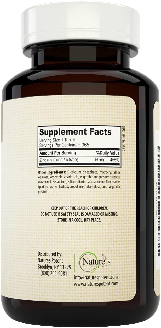 Nature's Potent Zinc 50 mg, Immune Support Supplement - High Potency for Maximum Immune & Antioxidant Health - Made in USA from Natural Zinc Oxide - 365 Tablets (1 Year Supply)