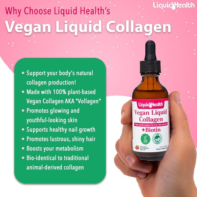 LIQUIDHEALTH 100% Vegan Collagen Plus Biotin 100,000mcg Liquid Drops - Plant-Based Liquid Collagen for Women, Men - Hair & Nail Growth, Skin Health, Boosts Metabolism - Non-GMO, Sugar Free (2 Pack)