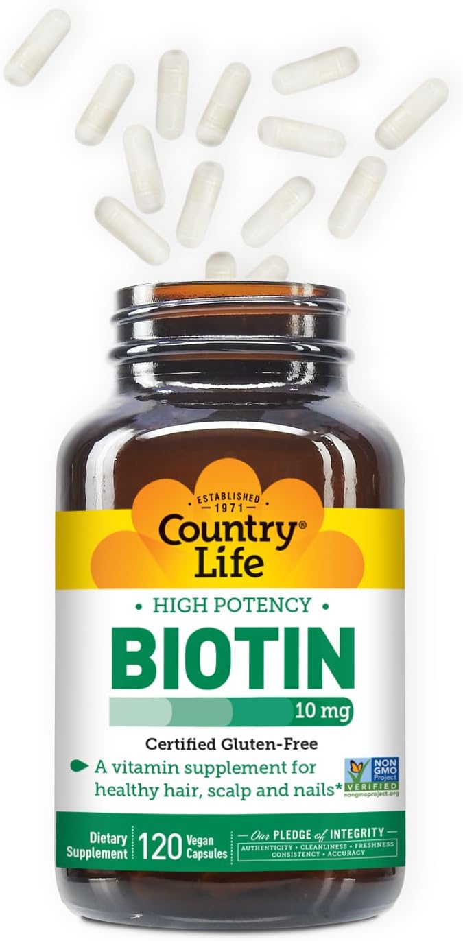 Country Life High-Potency Biotin 10mg - Vegan & Gluten-Free Biotin Supplement for Skin & Nails, Energy Metabolism - Biotin 10000mcg Capsules