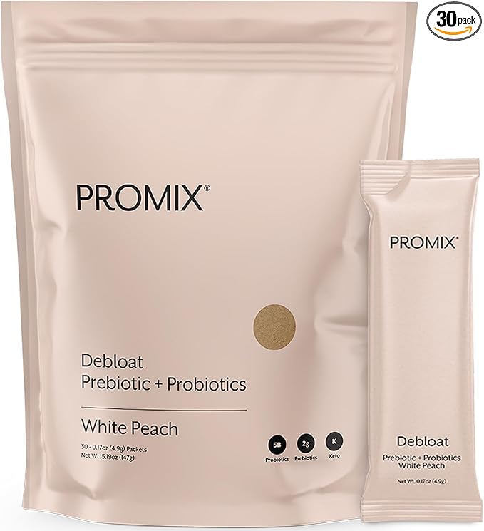 Promix Debloat Prebiotics and Probiotics for Digestive Health, Bloating Relief, Gut Health, Candida Cleanse - White Peach - 30 Count
