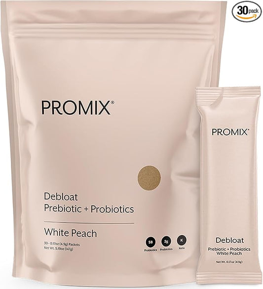 Promix Debloat Prebiotics and Probiotics for Digestive Health, Bloating Relief, Gut Health, Candida Cleanse - White Peach - 30 Count