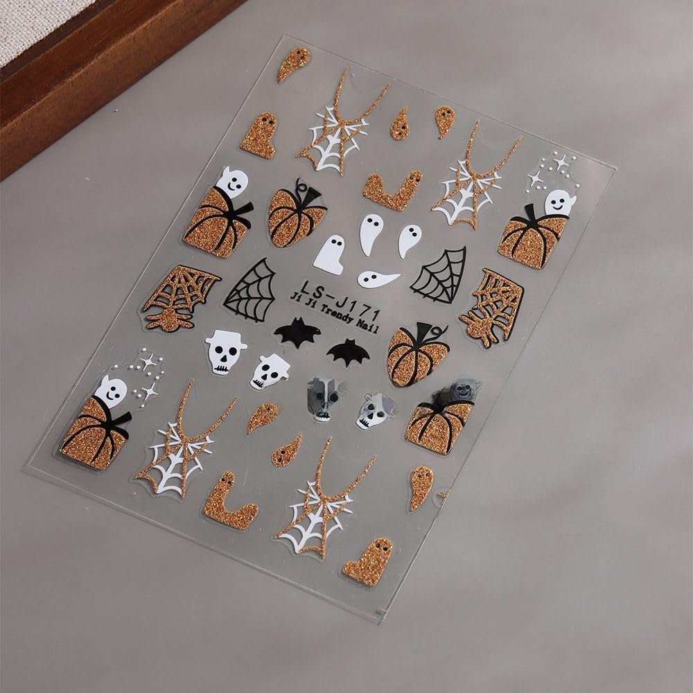 Halloween Nails Stickers Glitter Ghost Nails Sticker 3D Embossed Silver Gold Glitter Pumpkin Self Adhesive Sticker Nail Decals Web Nail Art Decal Halloween Decals for Nail DIY Manicure 4Sheet