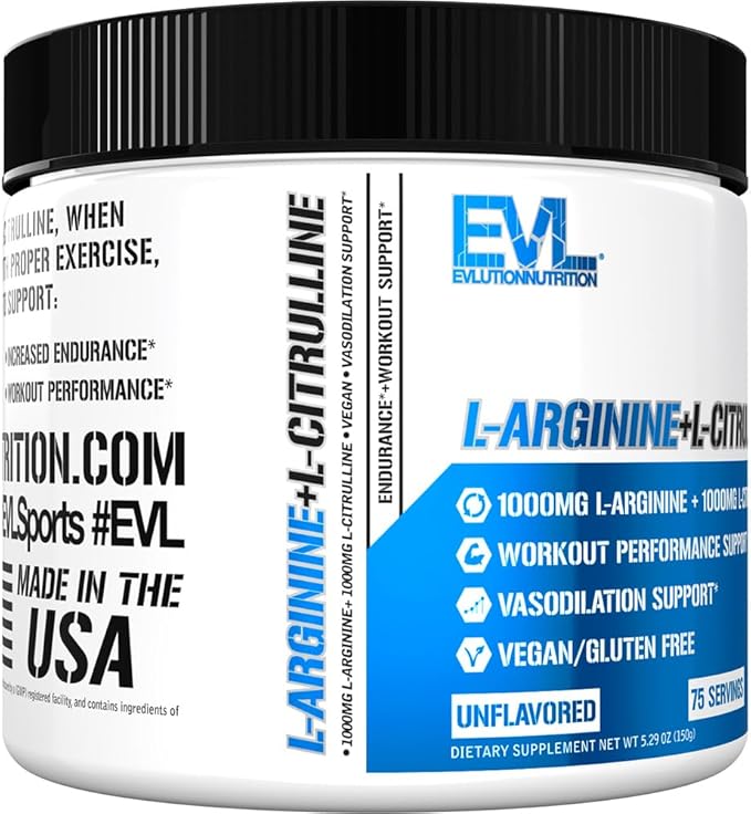 Evlution Nutrition L-Arginine + L-Citrulline - Endurance + Workout Performance Supplement - 2000mg Complex - Vasodilation + Nitric Oxide Support - Vegan + Gluten Free Powder - 75 Servings