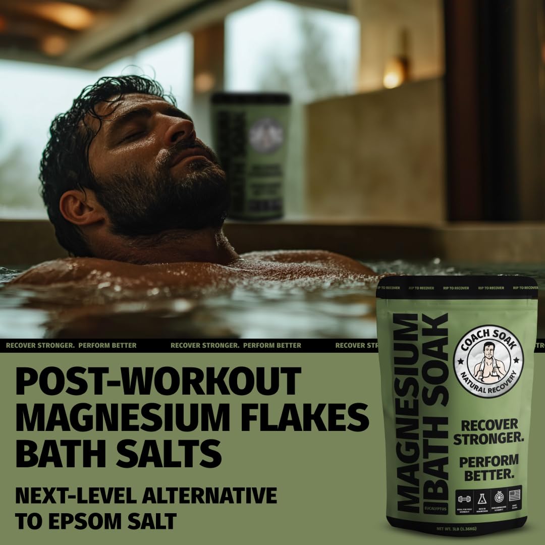 Coach Soak Recovery Bath Soak - Alternative to Epsom Salt Bath Soak - Fast-Absorbing Pure Magnesium Flakes with 21 Minerals, Bath Salts & Essential Oils - 9 lb (3 Pack) - Eucalyptus Tea Tree