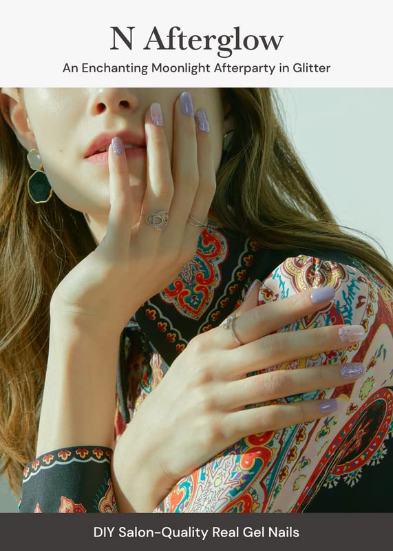 ohora Semi Cured Gel Nail Strips (N Afterglow) - Blue, Glitter, Works with Any UV/LED Lamps, Salon-Quality, Long Lasting, Easy to Apply & Remove - Includes 2 Prep Pads, Nail File & Wooden Stick