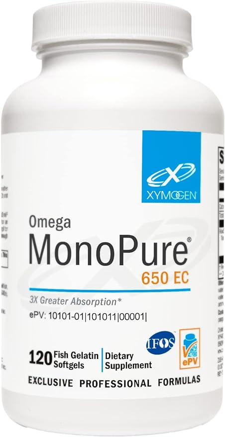 XYMOGEN Omega MonoPure 650 EC - Fish Oil with 3X Greater Absorption - DHA EPA Omega 3 Supplement for Heart Health + Cognitive Support (120 Softgels)
