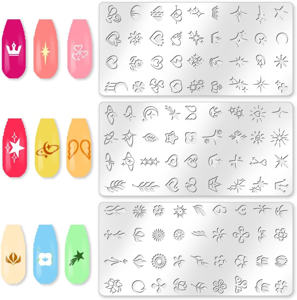 3Pcs Flowers Leaves Nail Stamping Plate Set Stars Moon Hearts Planets Nail Stamp Templates Stainless Steel DIY Reusable Tools with Stamper Scraper for Manicure Printing