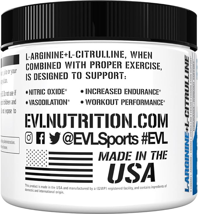 Evlution Nutrition L-Arginine + L-Citrulline - Endurance + Workout Performance Supplement - 2000mg Complex - Vasodilation + Nitric Oxide Support - Vegan + Gluten Free Powder - 75 Servings