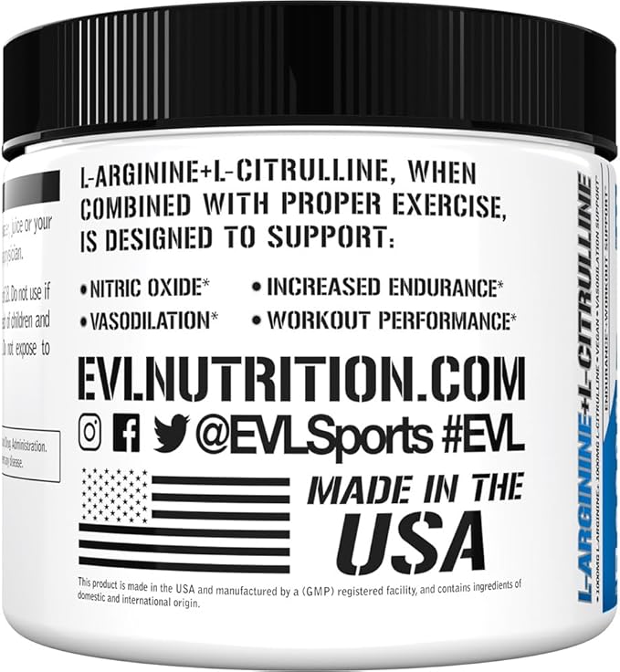Evlution Nutrition L-Arginine + L-Citrulline - Endurance + Workout Performance Supplement - 2000mg Complex - Vasodilation + Nitric Oxide Support - Vegan + Gluten Free Powder - 75 Servings