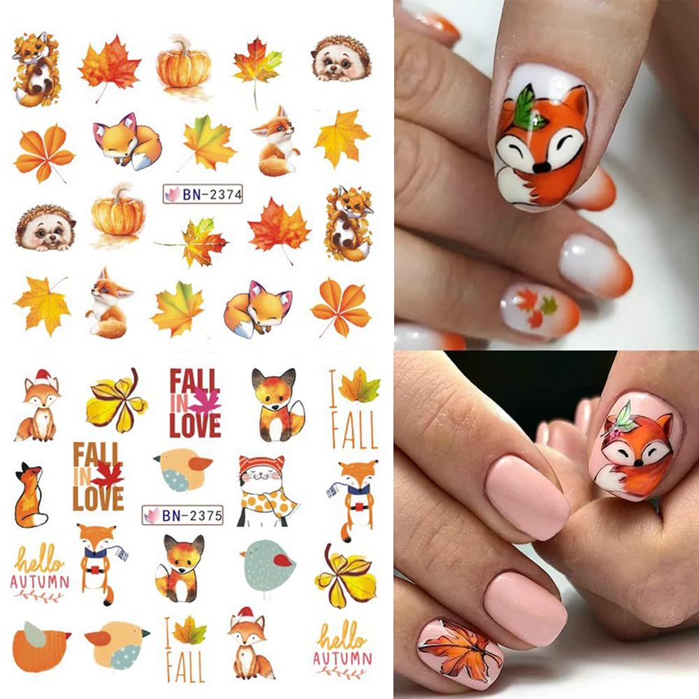Maple Leaf Nail Art Stickers Fall Nails Water Transfer Slider Foils Autumn Nail Decorations, Harvest Pumpkin Pinecone Maple Leaves Pattern Acrylic Nail Sticker for Thanksgiving Nail Art Supplies 12Pcs