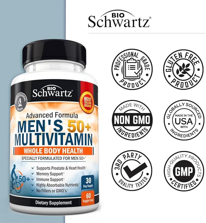 Once Daily Multivitamin for Men 50 and Over - Supplement for Heart Health Support - with Zinc, A, B, C, D3, E Vitamins - for Memory & Brain Health Support - Designed for Whole Body Health - 60 Count