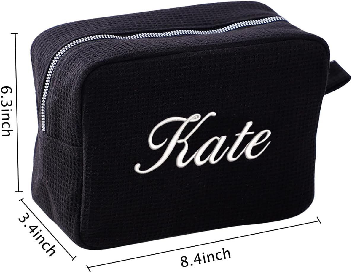 GOPHIE Personalized Embroidered Makeup Bag,Custom Waffle Fabric Cosmetic Pouch for Women, Travel Makeup Pouch (1, Black)
