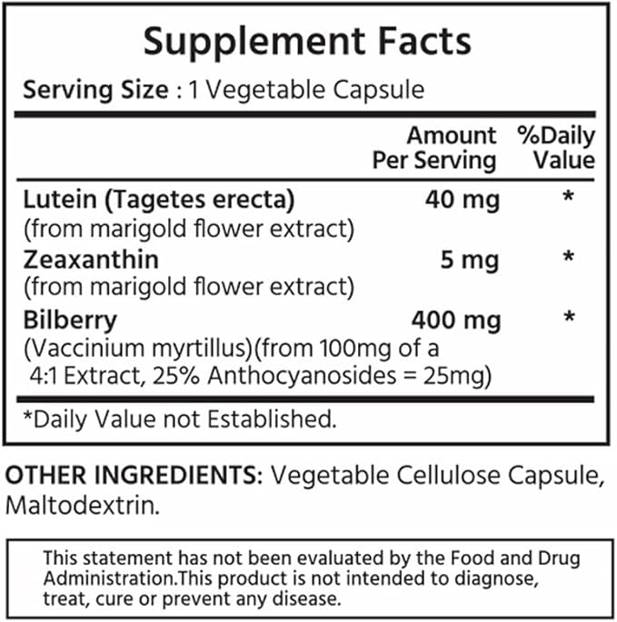 Premium Lutein & Zeaxanthin with Bilberry 120 Vegetable Capsules. Lutein 40 mg, Zeaxanthin 5 mg, and Bilberry 400 mg. All-Natural. High Potency & Premium Quality. Healthy Eyes & Vision.