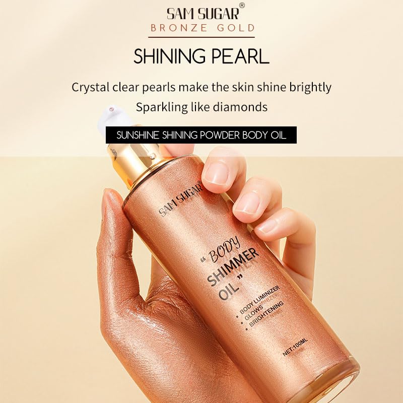 Shimmer Body Oil, Long Lasting Moisturizing Body Glow Oil for Women Face Luminizer Highlighter Makeup 100ml Glitter Shimmer Lotion for Glow Skin (Light Rose Gold)