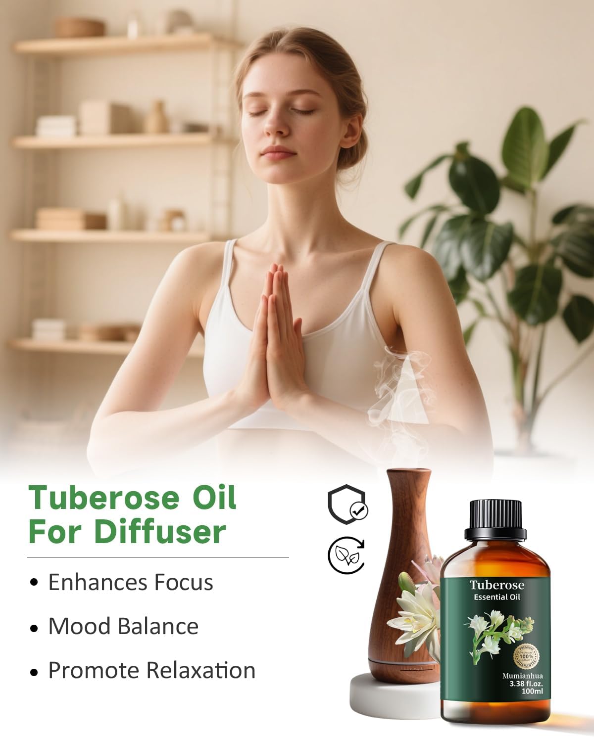 Mumianhua Tuberose Essential Oil 100% Pure Therapeutic Grade Natural Flower Tuberose Oil for Diffuser, Massage, Yoga, Skin,Hair, DIY Perfumes & Fragrance Candle Making Scents 3.38 Fl Oz