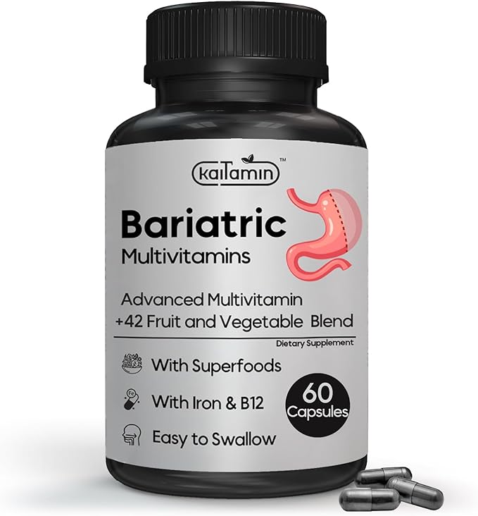 Bariatric Multivitamin with Iron - Easy-to-Swallow Capsule for Post Bariatric Surgery - Post Sleeve and Post Bypass with 42 Fruit & Veggies Blend - 60 Liquid Capsules - 1 Months’ Supply