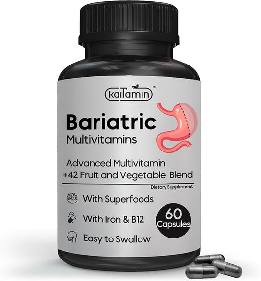 Bariatric Multivitamin with Iron - Easy-to-Swallow Capsule for Post Bariatric Surgery - Post Sleeve and Post Bypass with 42 Fruit & Veggies Blend - 60 Liquid Capsules - 1 Months’ Supply