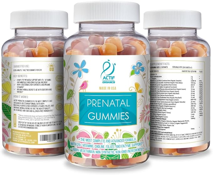 Actif Prenatal Gummies with 25+ Organic Vitamins and Organic Herbal Blend - Non-GMO, 100% Vegetarian, 90 Count, Made in USA